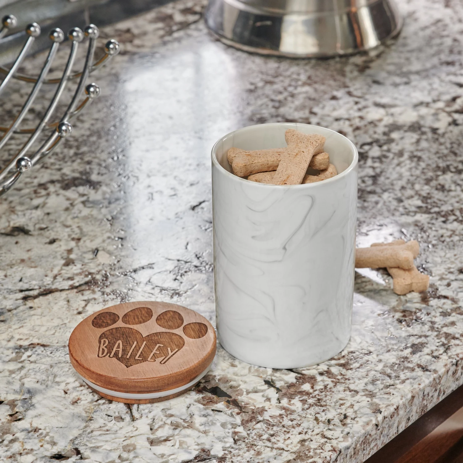 Frisco Ceramic Marble Print Personalized Treat Jar With Wood Lid, 3.75 Cups 5 Frisco Ceramic Marble Print Personalized Treat Jar With Wood Lid, 3.75 Cups - Image 3