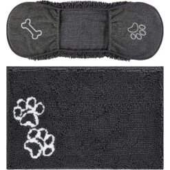Frisco Microfiber Chenille Shammy Towel & Frisco Microfiber Chenille Paw Print Dog & Cat Mat, Dark Gray