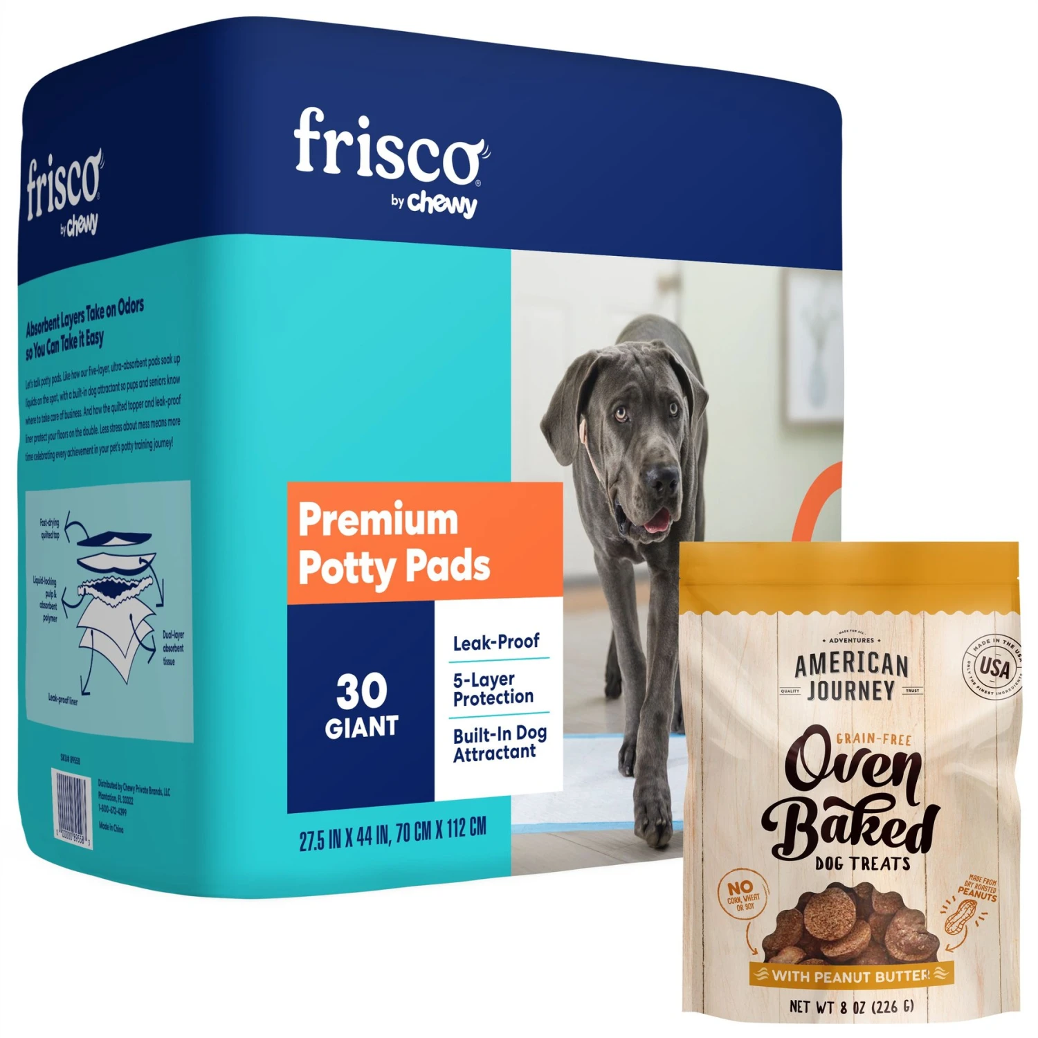 Frisco Premium Giant Dog Training & Potty Pads & American Journey Peanut Butter Recipe Grain-Free Oven Baked Crunchy Biscuit Dog Treats 3 Frisco Premium Giant Dog Training & Potty Pads & American Journey Peanut Butter Recipe Grain-Free Oven Baked Crunchy Biscuit Dog Treats