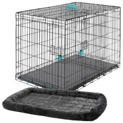 Frisco Heavy Duty Enhanced Lock Double Door Fold & Carry Wire Dog Crate & Mat Kit & MidWest Quiet Time Fleece Dog Crate Mat